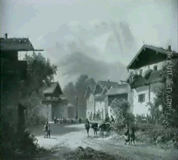 Dorfbrunnen In Garmisch Mit Staffegefiguren Auf Der         Dorfstrasse Und Dem 1860 Oil Painting - Anton Doll