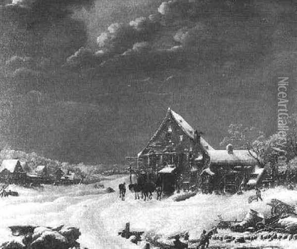 Winterliche Dorfstrase Mit Staffagen Oil Painting - Johann Adam Ackermann