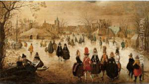 Winter Landscape With Skaters On A Frozen River Oil Painting - Adam van Breen