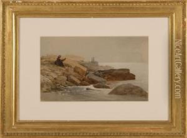 Rocky Coastal Scene With Figures Oil Painting - James Wells Champney