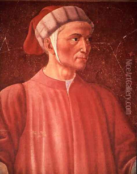 Dante Alighieri (1265-1321) detail of his bust, from the Villa Carducci series of famous men and women, c.1450 Oil Painting - Andrea Del Castagno