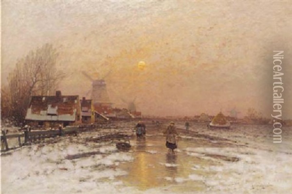 Ice Fishers By A Village At Dusk Oil Painting - Johann Jungblut
