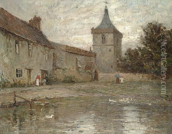 Figures Walking Near A Pond With A Church In The Background Oil Painting - Henry Charles Clifford