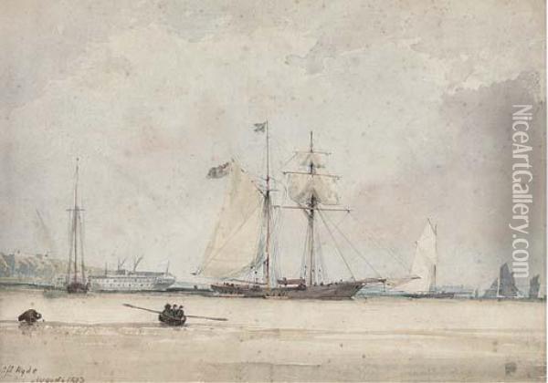 A Large Topsail Schooner Lying At Anchor Off Ryde Oil Painting - Arthur Wellington Fowles