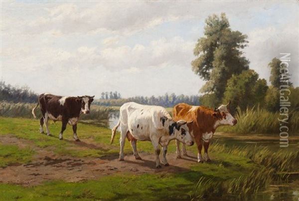 Cows And A Bull By The Water's Edge Oil Painting - Dirk Peter Van Lokhorst