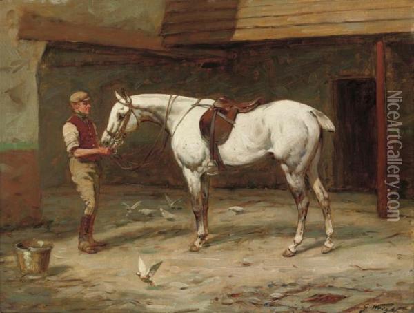 Grey Hunter And Groom In A Stable Yard Oil Painting - George Wright