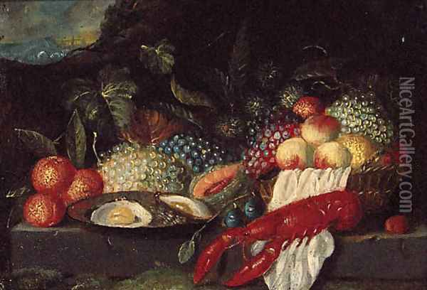 A lobster, a plate of oysters and fruit on a stone ledge in a landscape Oil Painting - Jan Pauwel II the Younger Gillemans