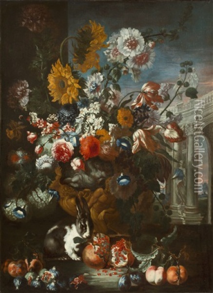 Still Life With Rabbit, Flowers And Fruits, Before An Arcade Oil Painting - Franz Werner von Tamm