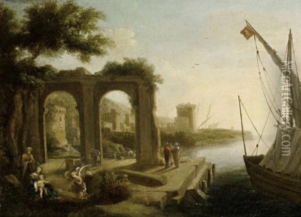 A Mediterranean Port With Figures Before A Ruined Arch Oil Painting - Pierre Antoine Patel
