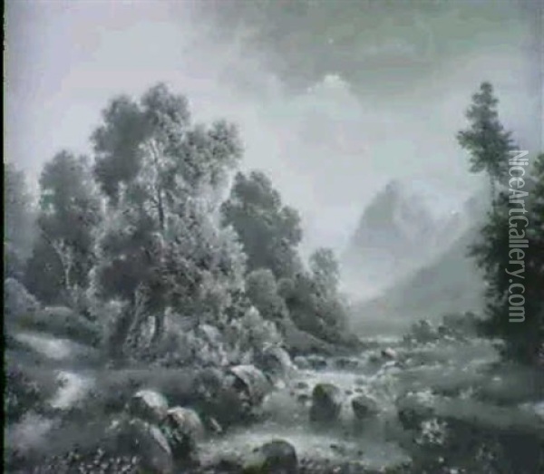 Gebirgsbach In Der Abenddammerung Oil Painting - Albert Rieger
