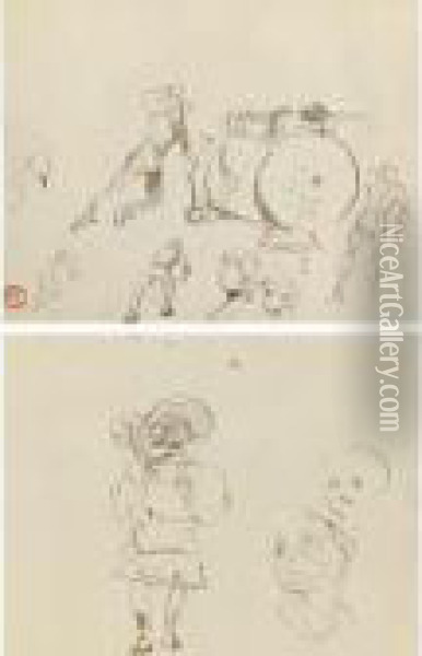 Croquis And Silhouettes Et Tetes: A Double-sided Drawing Oil Painting - Henri De Toulouse-Lautrec