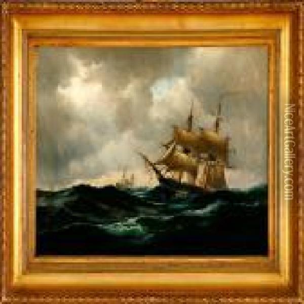 Marine With A French Brig In Heavy Sea Oil Painting - Carl Locher
