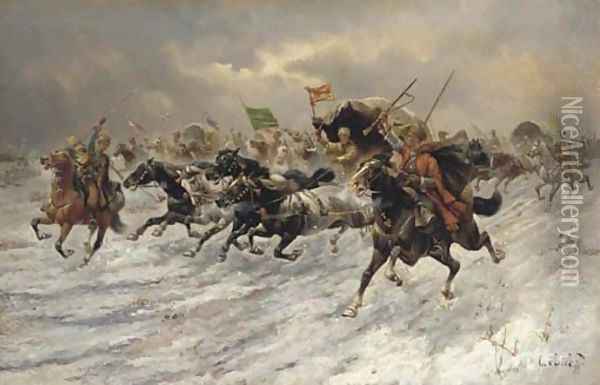 Russian Horsemen Storming the Battle Field Oil Painting - Constantin Stoiloff