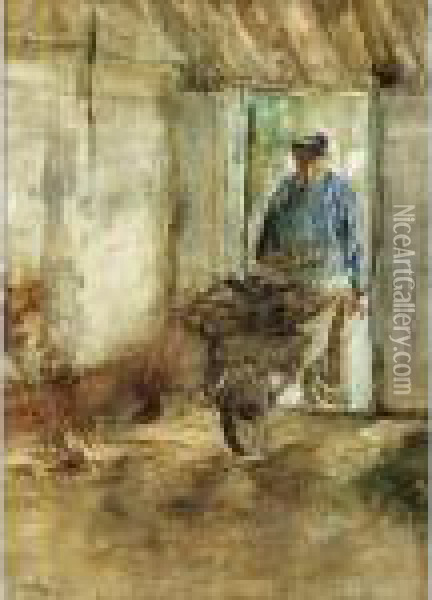 A Farmer With A Wheelbarrow Oil Painting - Jacob Simon Hendrik Kever