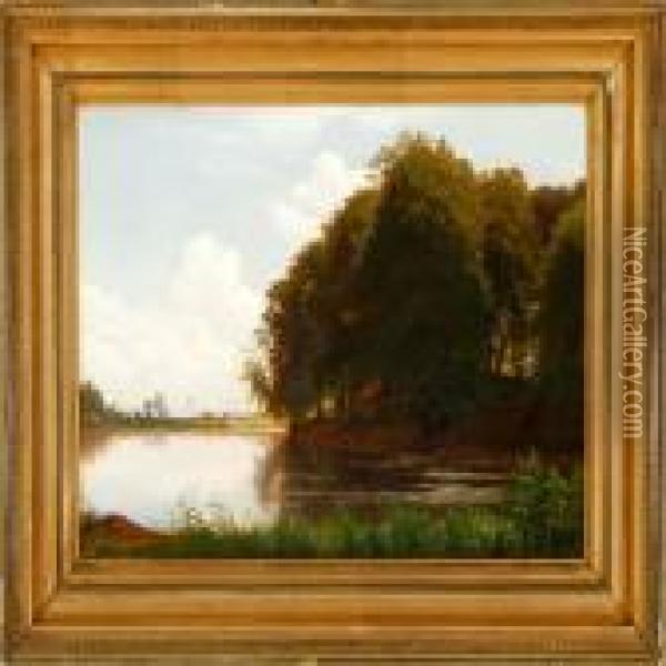 Danish Summer Landscape With Trees At A Canal Oil Painting - Eiler Rasmussen-Eilersen