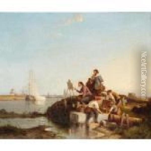 Artist And Companions Beside An Estuary Oil Painting - Pieter Cornelis Dommershuijzen