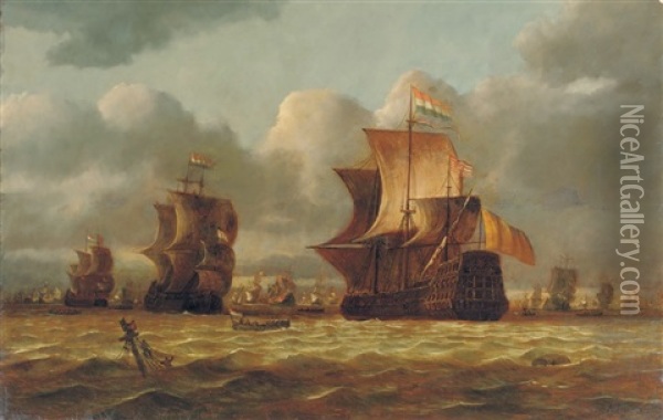 Shipping In Choppy Waters With A Shipwreck In The Foreground Oil Painting - Nicolas Baur