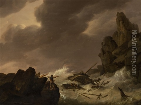 Shipwreck Off The Coast Oil Painting - Johannes Hermanus Koekkoek
