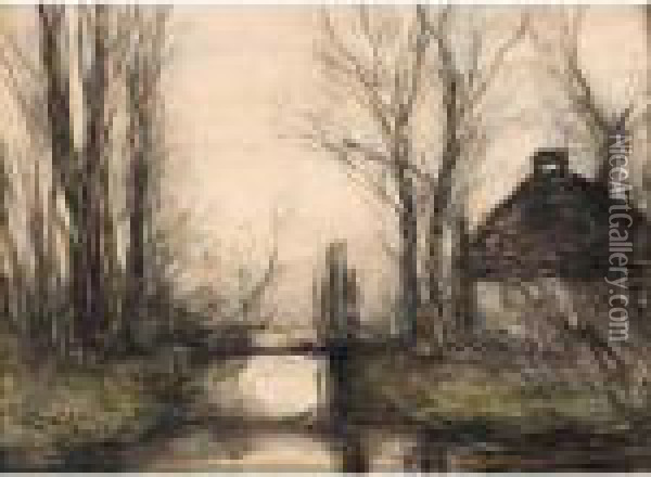 A View Of A Bridge In A Landscape Oil Painting - Louis Apol