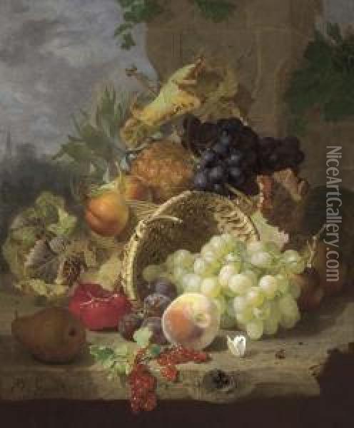 Apples, A Pineapple And Black 
Grapes In A Basket, Beside An Upturned Basket With A Pear, Plums, 
Redcurrants, A Peach, White Grapes And A Butterfly On A Wooden Ledge Oil Painting - Eloise Harriet Stannard