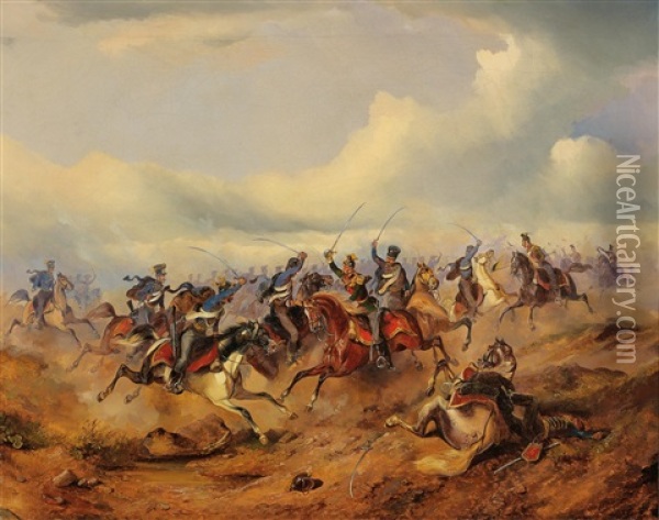 Scene From The Hungarian Revolution Of 1848/49: Austrian Uhlans Of The 1st Regiment Of Imperial Royal Uhlans In Battle With Hungarian Hussars Oil Painting - Alexander Franz Von Bensa