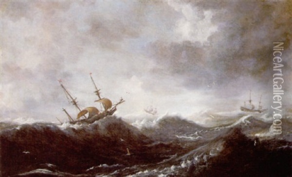 A Seascape With Vessels On A Stormy Sea Oil Painting - Pieter Mulier the Elder
