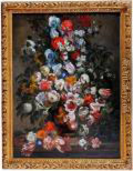 Grande Composition Florale Dans Un Vase Sur Un Entablement Oil Painting - Jean-Baptiste Monnoyer