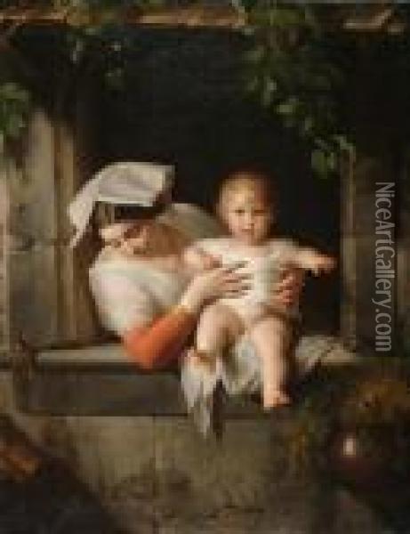 Mother And Child Oil Painting - Giuseppe Mazzolini