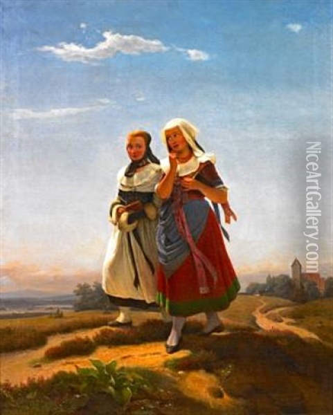 Two Young Girls On Their Way Back From Church Oil Painting - Julius Carl Hermann Schroder