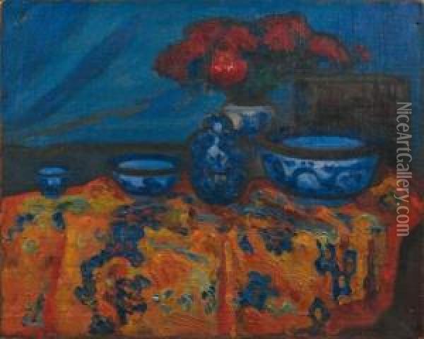 Nature Morte Aux Plats Bleus Oil Painting - Wladyslaw Slewinski