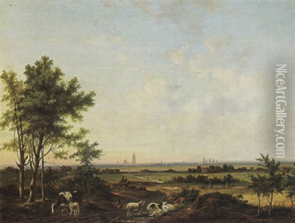 An Extensive Landscape With A Shepherd And His Flood Oil Painting - Carl Eduard Ahrendts