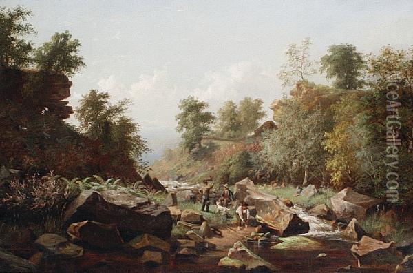 A Rocky Riverbank Oil Painting - George Cammidge