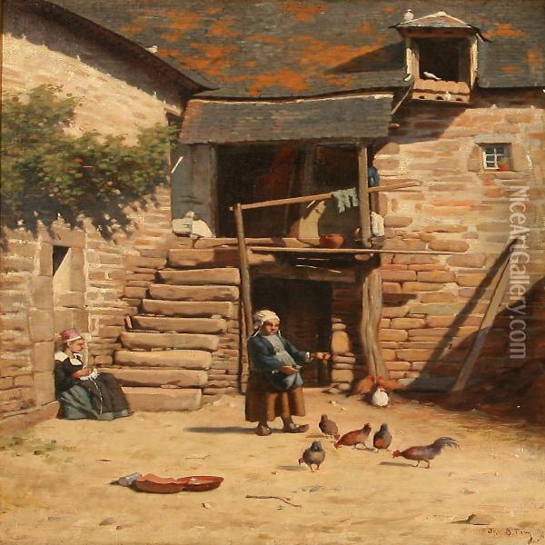 A Girl Feeding Chickens In A Courtyard Oil Painting - Jan Bedys Tom