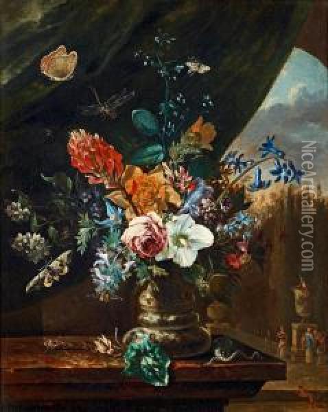 Still Life With Flowers, Insects And Lizzard Oil Painting - Maria van Oosterwyck