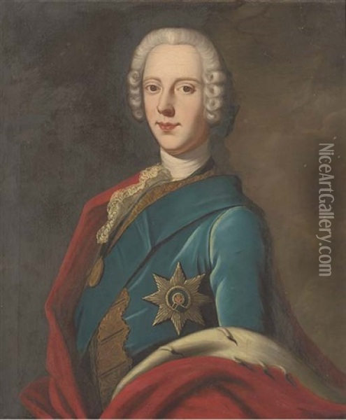 Portrait Of A Gentleman, Three-quarter-length, Wearing The Order Of The Garter, In A Blue Coat With A Red Ermin Trim Cape Oil Painting - Alexander Roslin