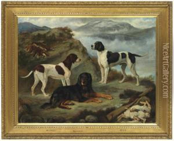 Sherry, Ranger, And Glen, Three Gundogs In A Highland Landscapewith The Day's Bag Oil Painting - Gourlay Steell