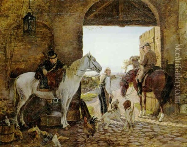 To Ryttere Med Heste I Staldoren Oil Painting - Theodor Philipsen