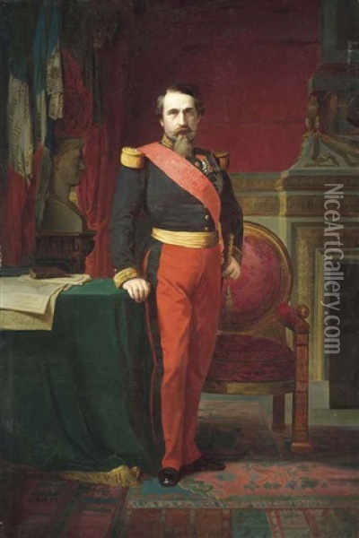 Napoleon Iii In Uniform Of Major General In His Great Cabinet At The Tuileries Oil Painting - Hippolyte Jean Flandrin