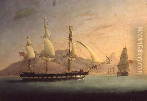 East Indiaman Outward Bound off Cape Town and Table Mountain Oil Painting - Thomas Whitcombe