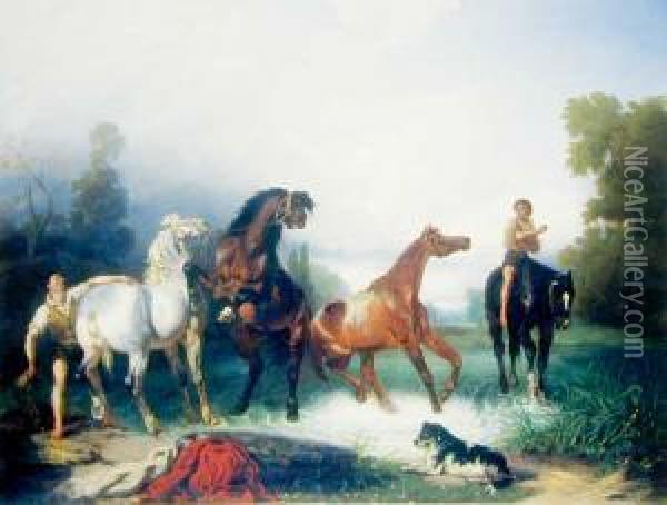 Plawienie Koni, 1863 R. Oil Painting - Carl Wahlbohm