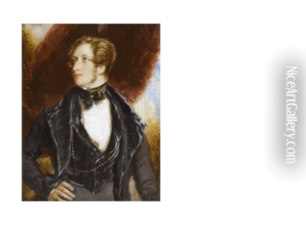 Frederick William Robert Stewart, 4th Marquess Of Londonderry Kp, Pc (1805 - 1872), Viscount Castlereagh (1822-1854), Standing Before Drapery And Wearing Black Trousers, Coat And Waistcoat Oil Painting - Simon Jacques Rochard