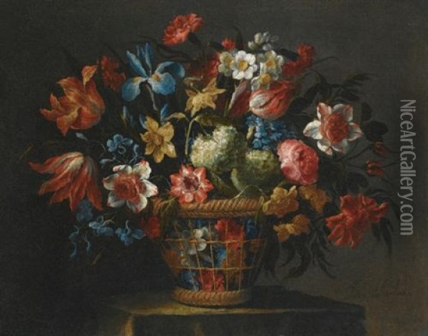 Still Life With Flowers, Including Anemones, Snowballs And Yellow Narcissi, In A Wicker Basket Set Upon A Stone Pedestal Oil Painting - Juan De Arellano