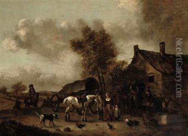 A Landscape With Horses And Riders Near A Tavern Oil Painting - Jan Frans Soolmaker
