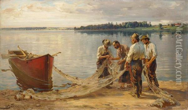 Fischer Mit Ihren Netzen Am Ufer Des Chiemsees Oil Painting - Josef Wopfner