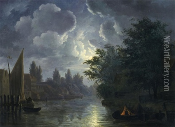 Nachtliche Szene Am Fluss Oil Painting - Willem De Klerk