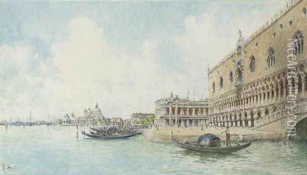 A Goldolier Before The Molo, Venice Oil Painting - Rafael Senet y Perez
