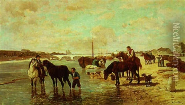 Horses In The Seine Oil Painting - Karl Cartier