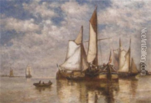 Dutch Barges In A Calm On The Estuary Oil Painting - Paul Jean Clays