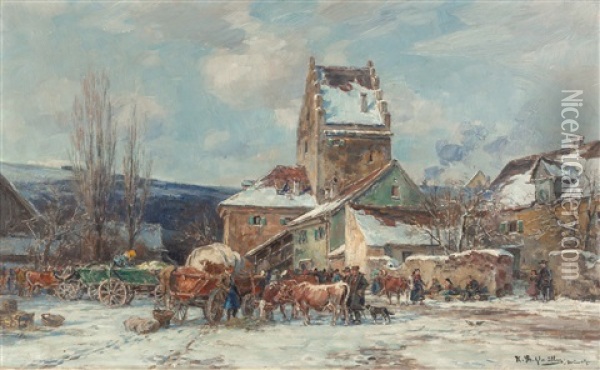 Wintery Cattle Market Oil Painting - Karl Stuhlmueller