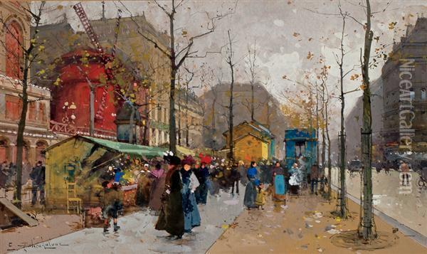 Le Moulin Rouge Oil Painting - Eugene Galien-Laloue